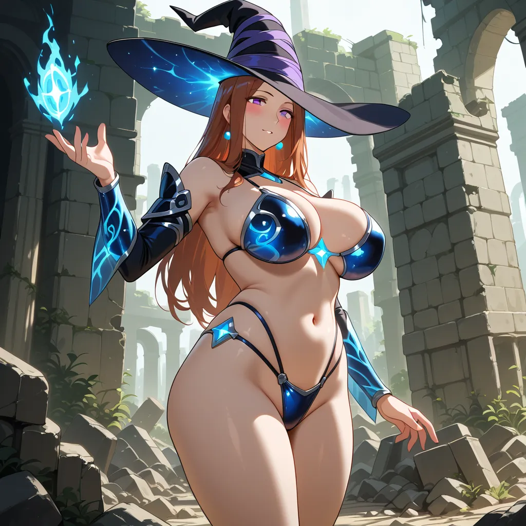 Busty mature sorceress in a revealing magical bikini-armor, casting glowing blue — Free NSFW anime AI image generator art