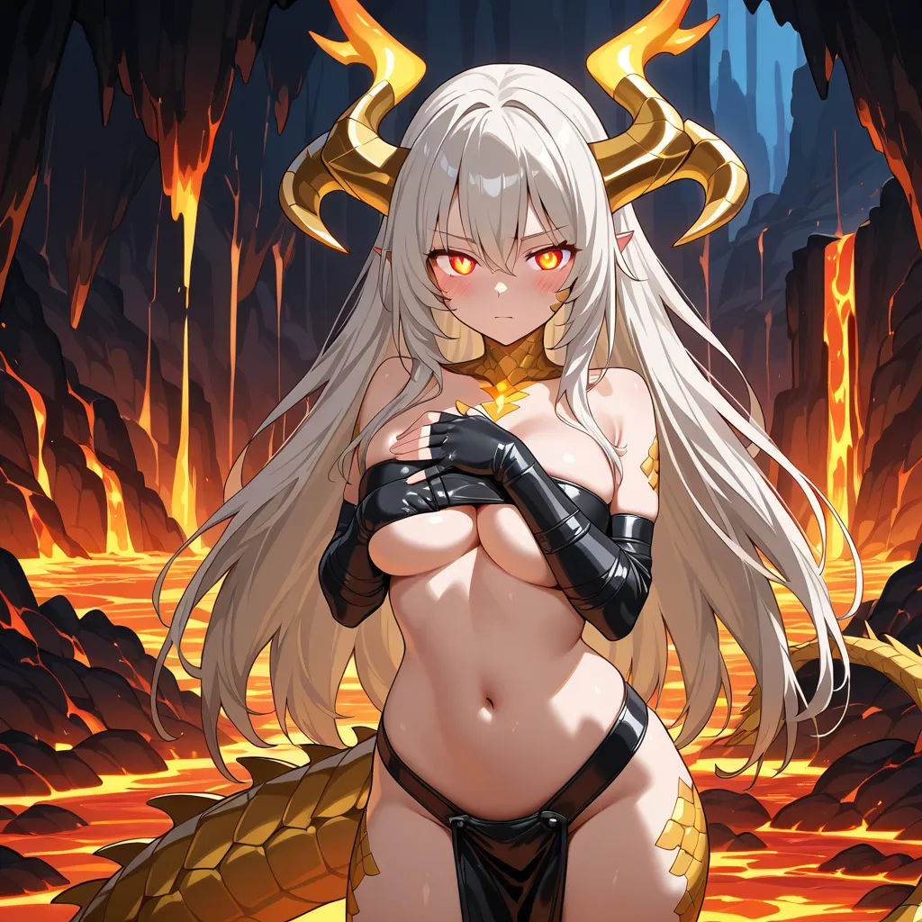 Busty dragon-girl with golden horns and scales accenting her shoulders, wearing a — Free NSFW anime AI image generator art