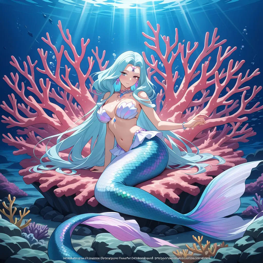 Mature mermaid woman with iridescent scales covering minimal areas, posing on a — Free NSFW anime AI image generator art