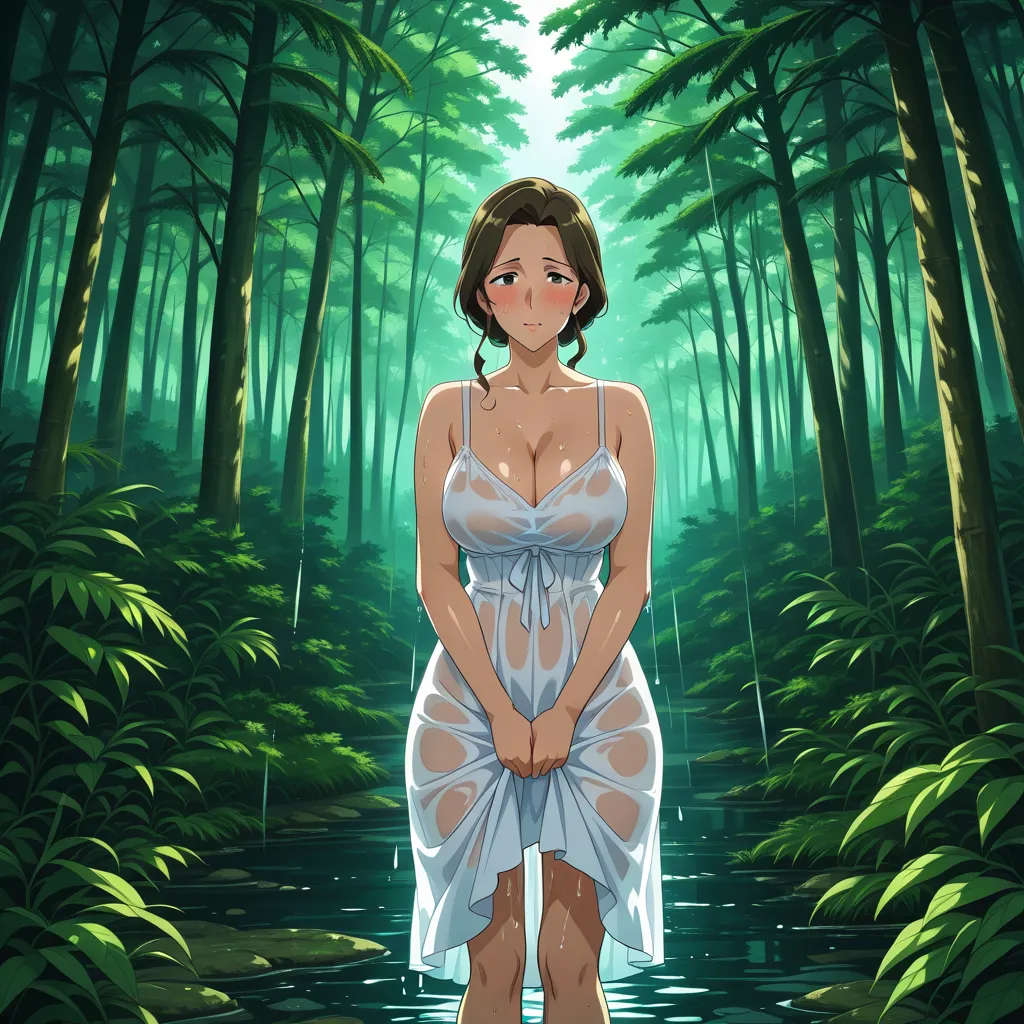 Mature woman in a wet sheer white sundress clinging to her body, standing in a — Free NSFW anime AI image generator art