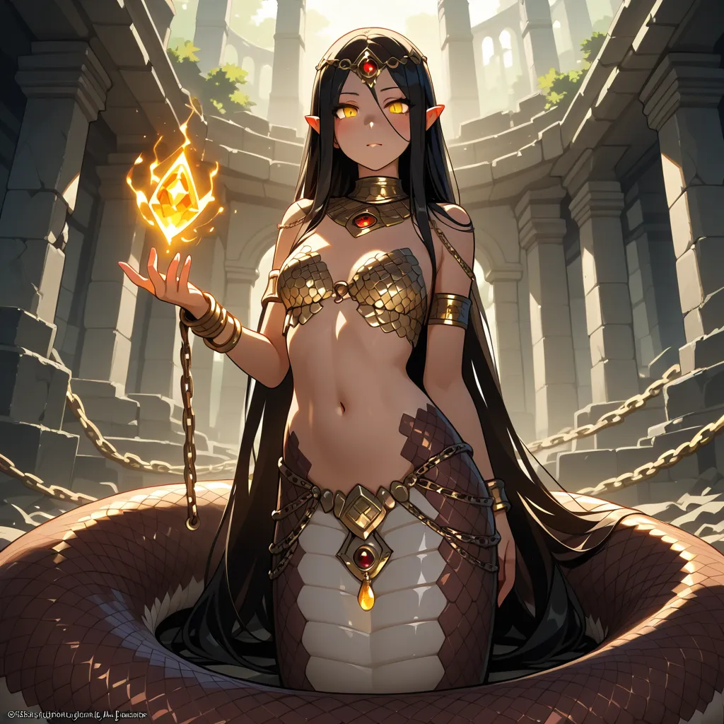 Lamia snake-girl with a patterned scaled lower body and a small chain-mail bra — Free NSFW anime AI image generator art