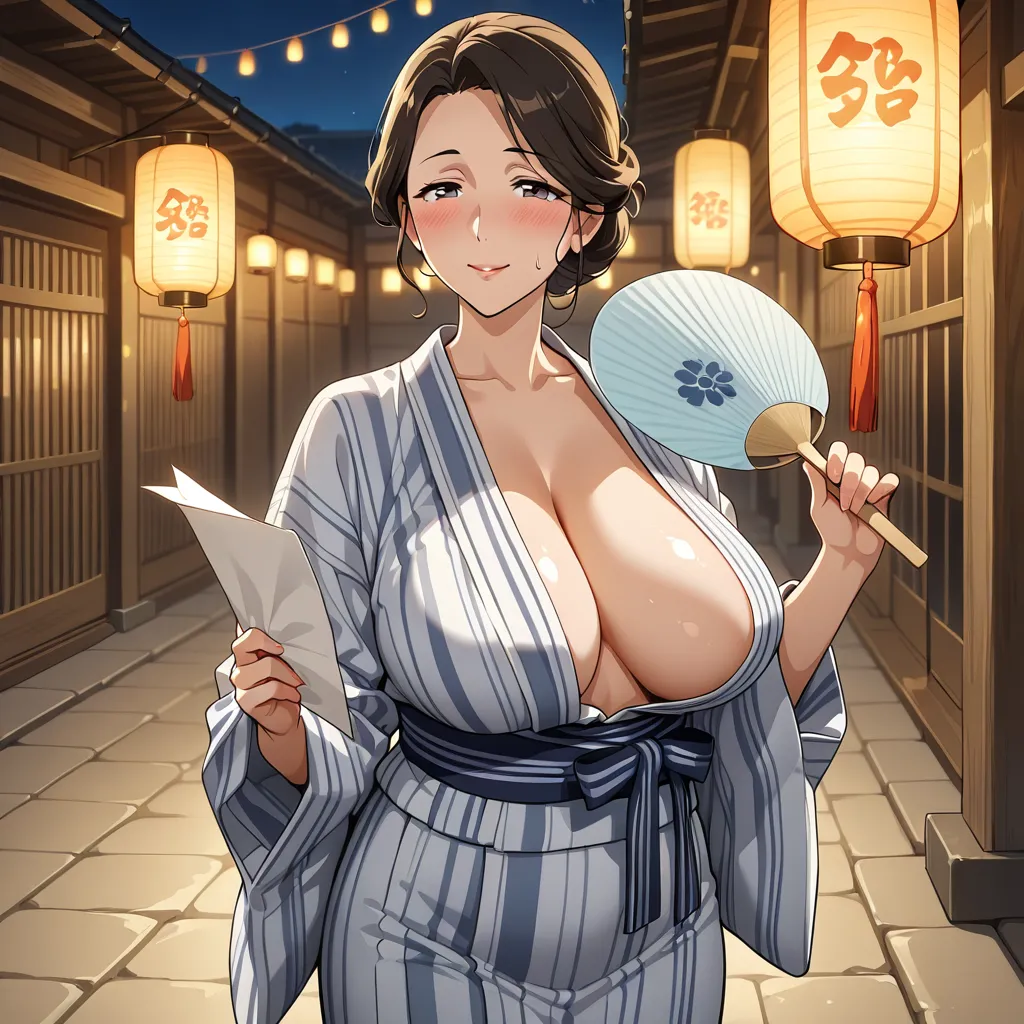 Mature woman in an opened steamy bathhouse yukata revealing skin underneath, — Free NSFW anime AI image generator art