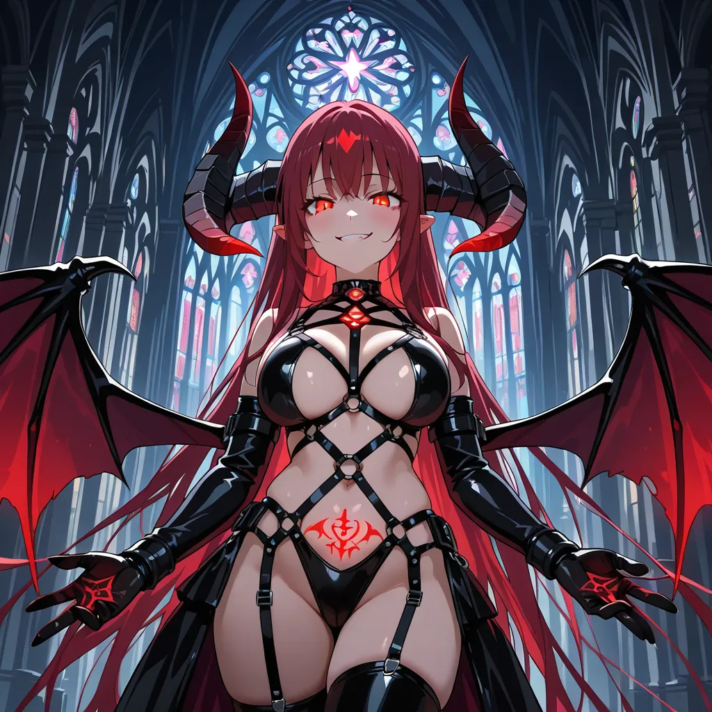 Demon-girl with curling dark horns and bat wings in a revealing dark leather — Free NSFW anime AI image generator art