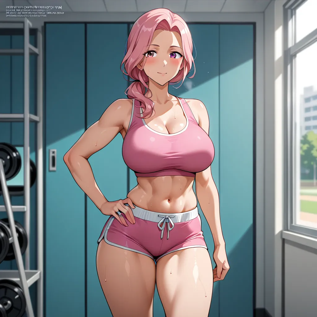 Mature fitness influencer in a very tight pink crop top and short shorts, — Free NSFW anime AI image generator art