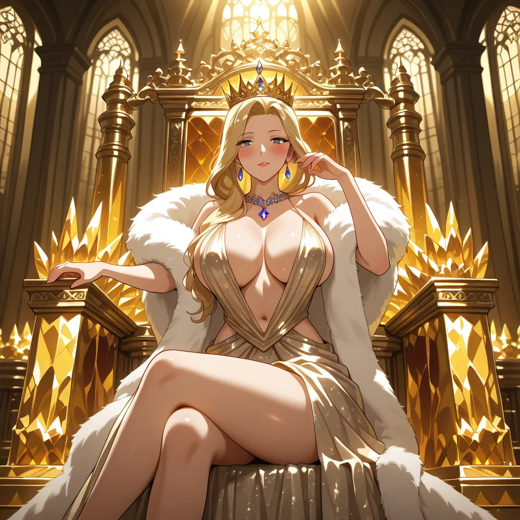 Mature glamorous queen in a revealing royal gown with deep plunging neckline and — Free NSFW anime AI image generator art