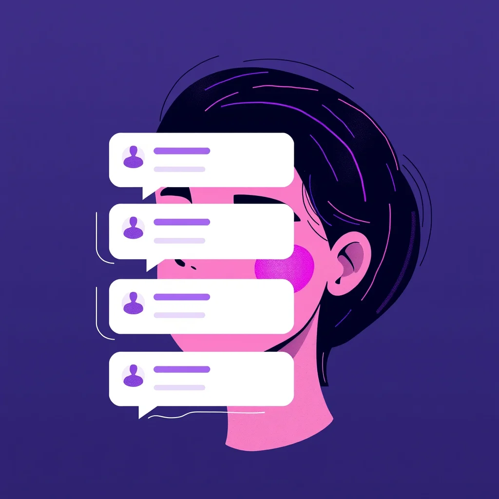 Nsfw ai chat and image generator: chat bubble interface morphing into a generated portrait, abstract illustration, dark UI (illustration)