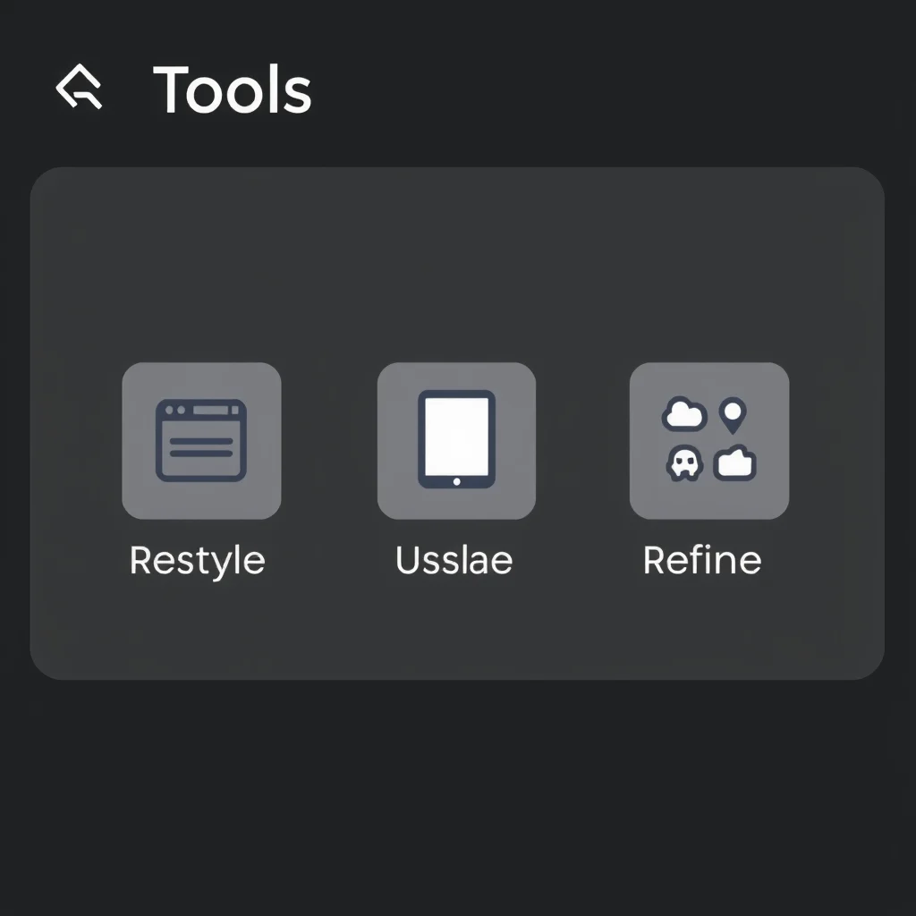 Nsfw ai photo editor: a tools panel showing restyle, upscale, refine icons on a dark UI (illustration)