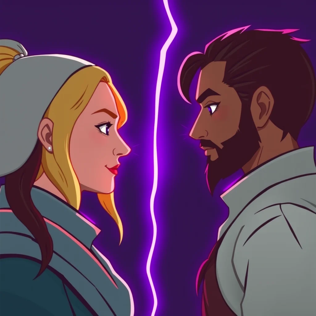 Nsfw ai roleplay generator: two character cards face to face with a story arc line between them, purple glow (illustration)