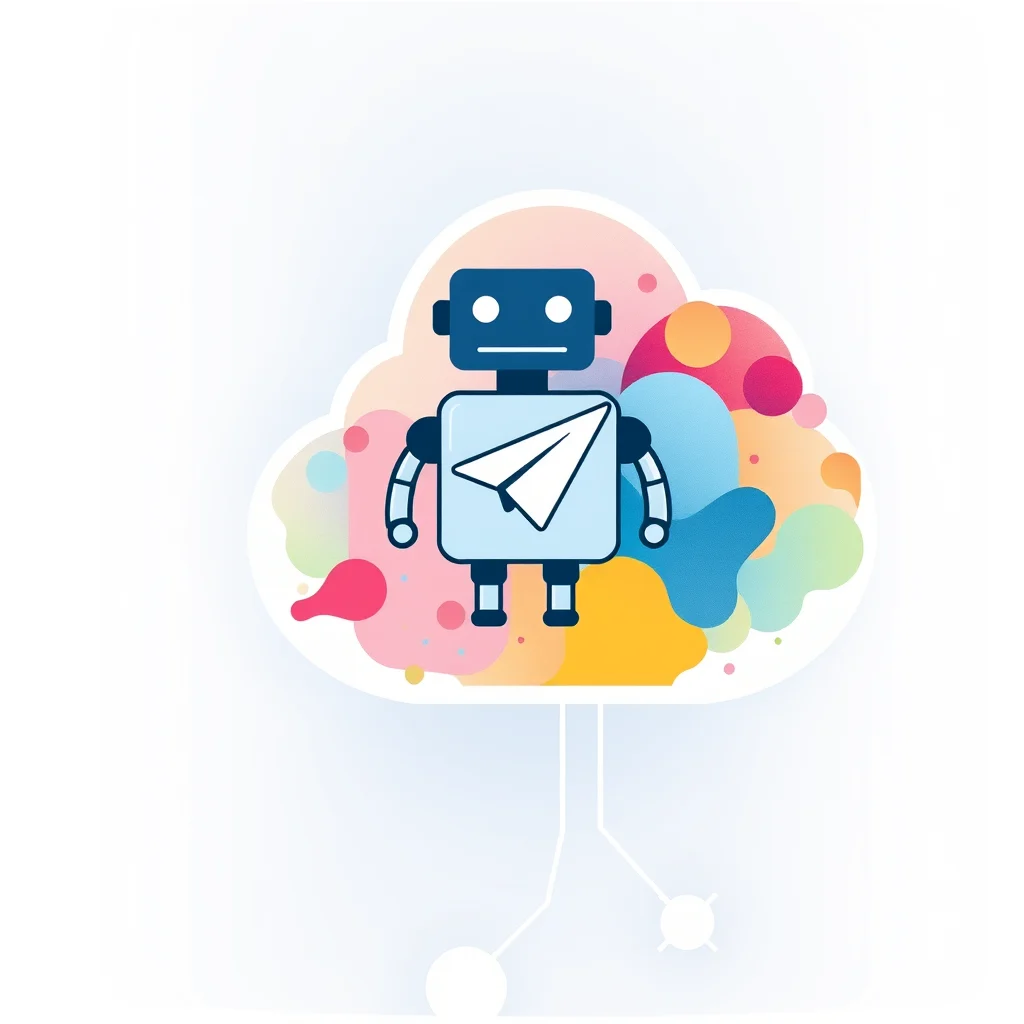 Nsfw ai telegram bot: a stylized robot icon connected to a Telegram cloud with generated art around it (illustration)