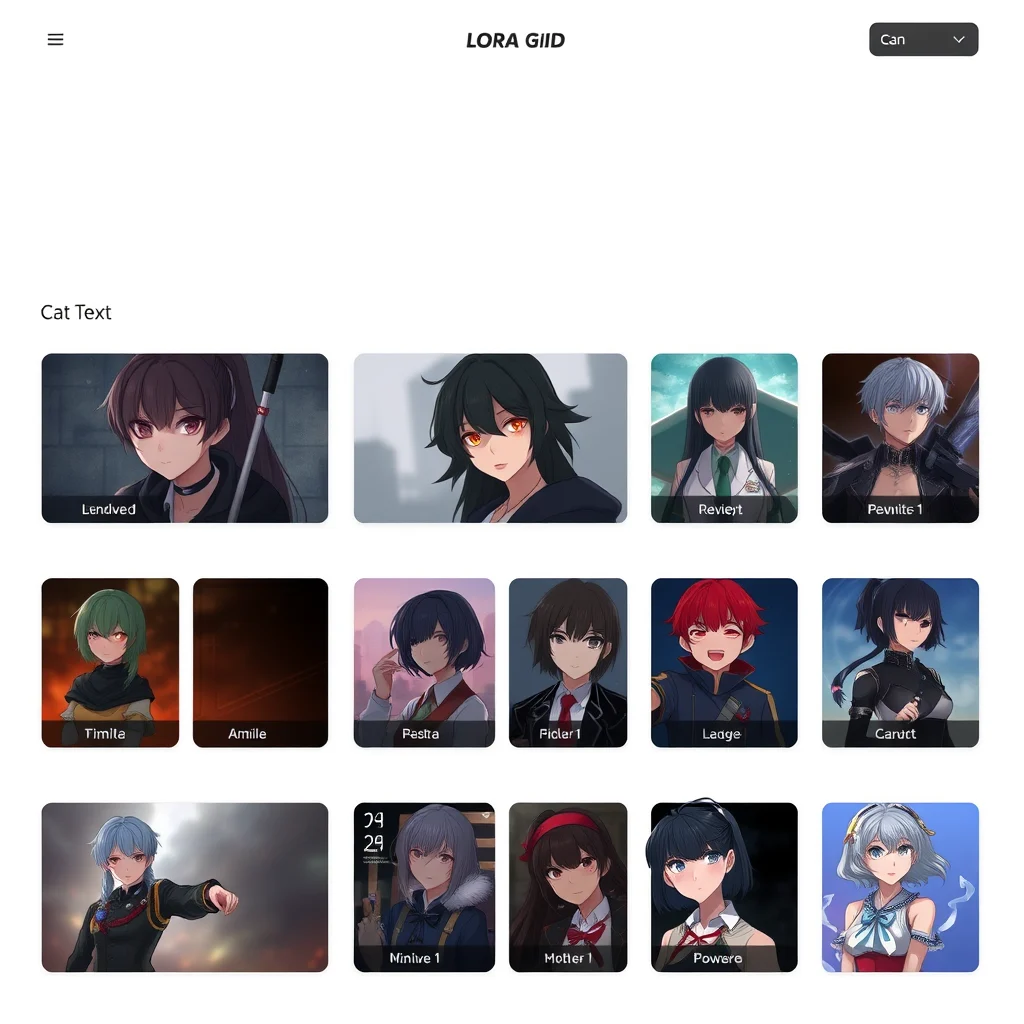 Best nsfw lora: a category grid showing realism, anime, style, and character LoRA tiles, dark UI (illustration)