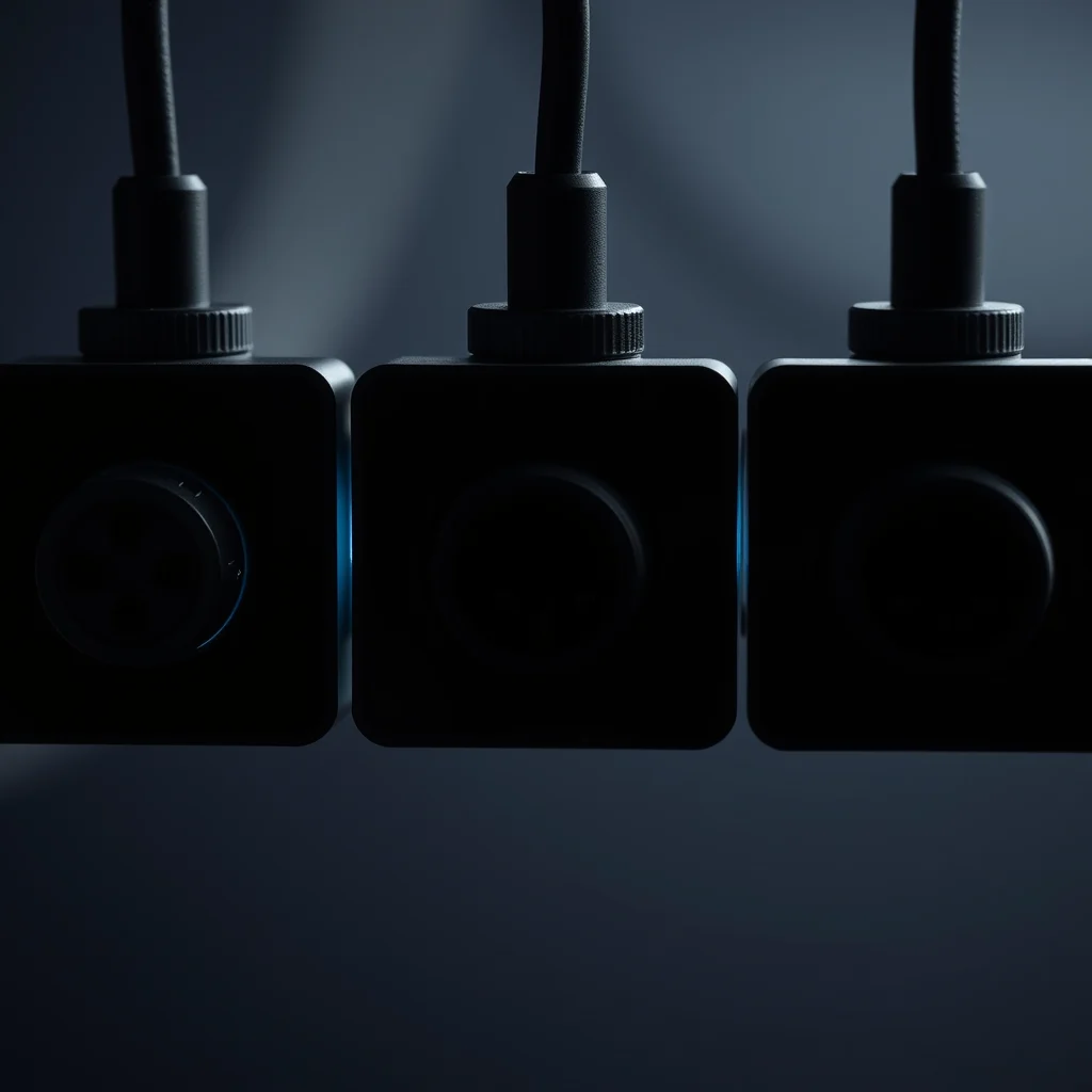 Comfyui portugues: close up of three connected nodes with input and output ports, dark ui (ilustracao)