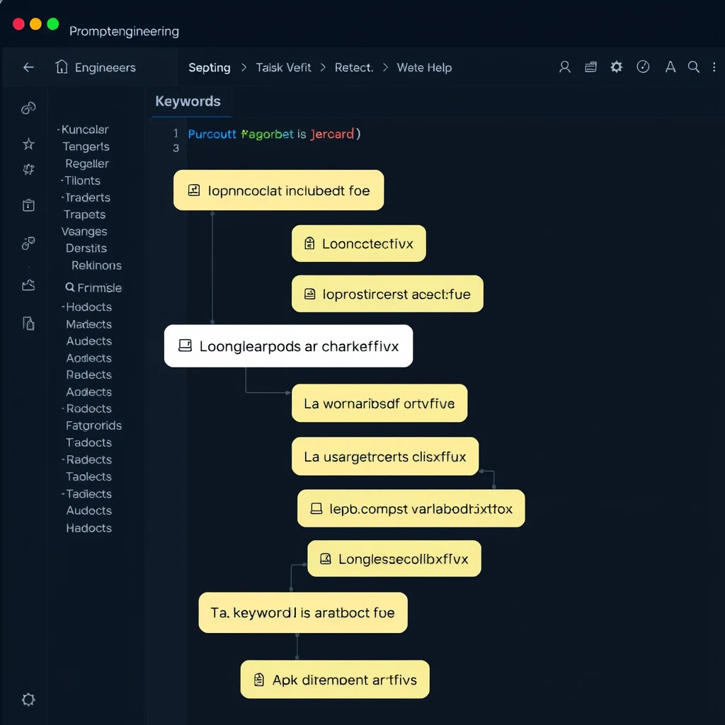 Criar porno com ia: a prompt-engineering workspace with floating keyword tags, dark UI (ilustracao)