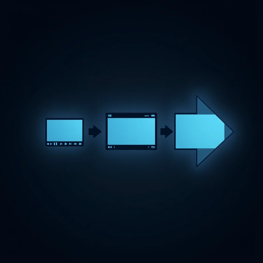 Criar video porno com ia: a stylized image-to-video pipeline as a horizontal arrow with three frames, dark UI (ilustracao)