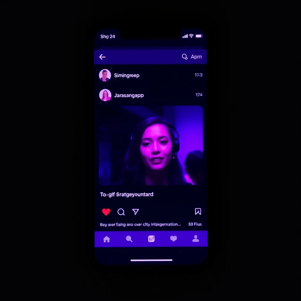Criar video porno com ia: a phone screen showing an animated GIF preview on a dark social UI, soft purple glow (ilustracao)
