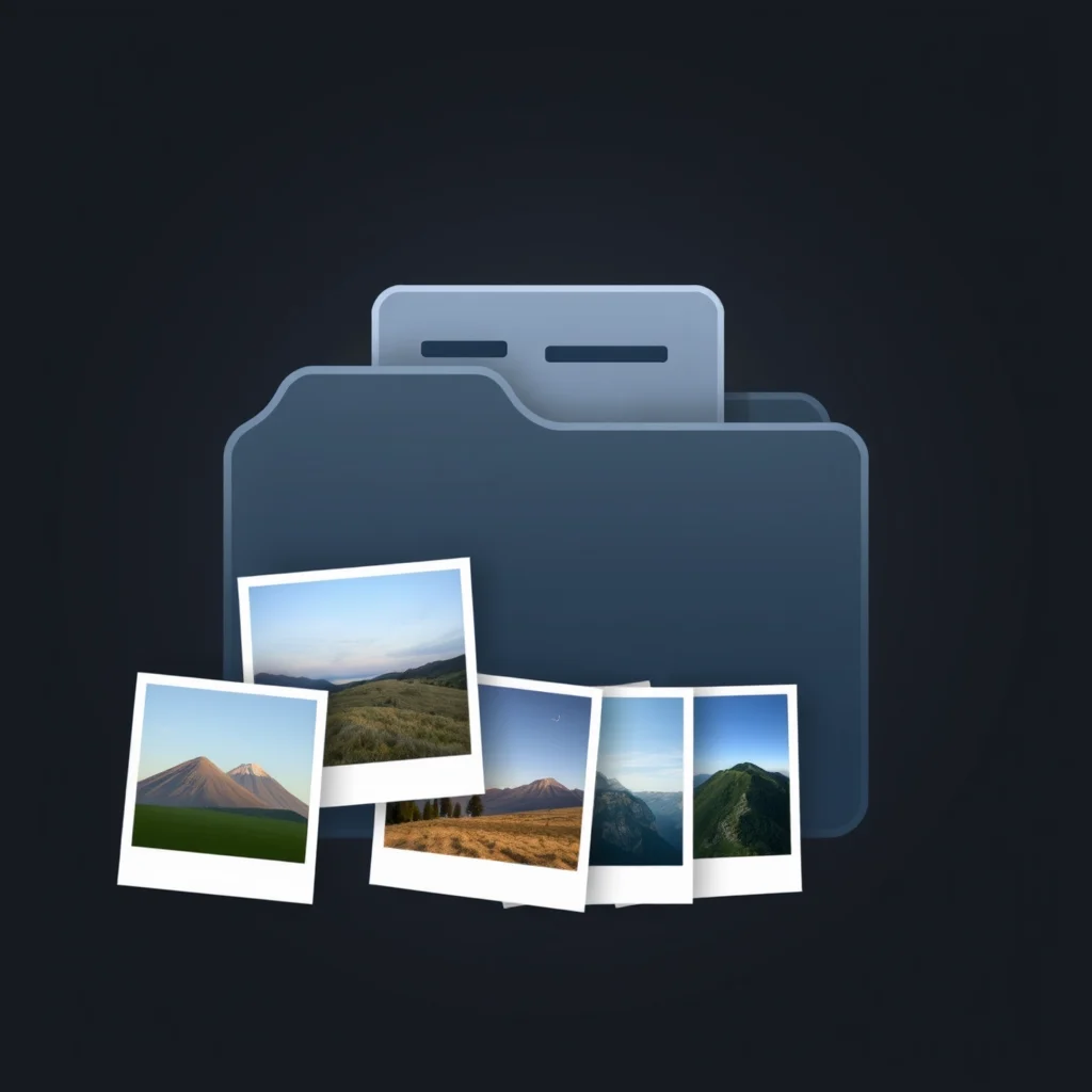 Como treinar lora portugues: dataset folder icon with image thumbnails fanned out, dark ui (ilustracao)