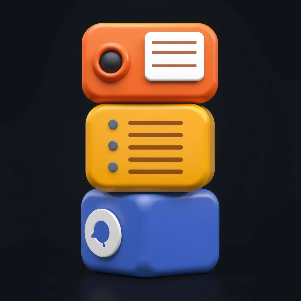 Criadora onlyfans ia brasil: stack of icons representing image generator, scheduler, and chat assistant tools (ilustracao)