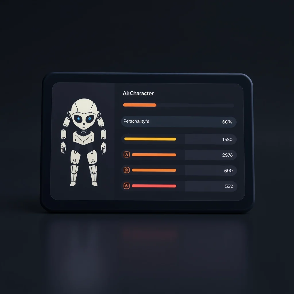 Porno ia chat: a stylized AI character card with personality stats on a dark UI (ilustracao)