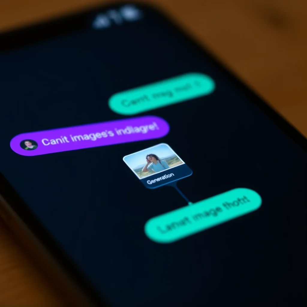 Porno ia chat: a phone screen showing chat bubbles with a small image generation inline, dark UI (ilustracao)