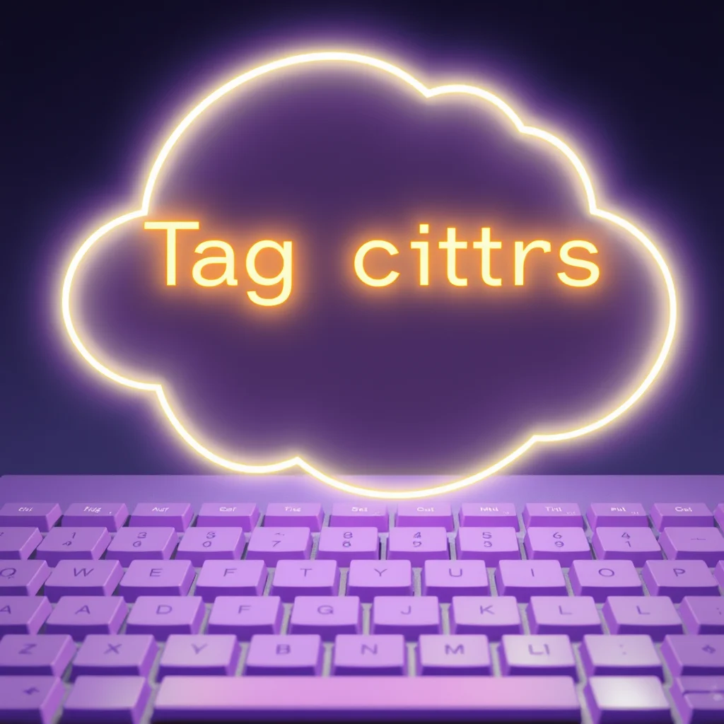 Porno ia anime: a glowing tag-cloud of anime style descriptors floating above a keyboard, soft purple (ilustracao)
