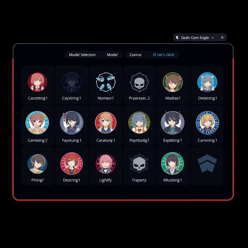 Porno ia anime: a model selection grid with anime-themed badges, dark interface (ilustracao)