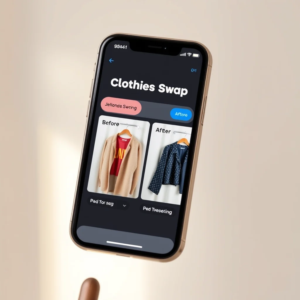 Ia de tirar roupa: phone screen showing a clothes-swap AI app interface with before-and-after thumbnails (ilustracao)