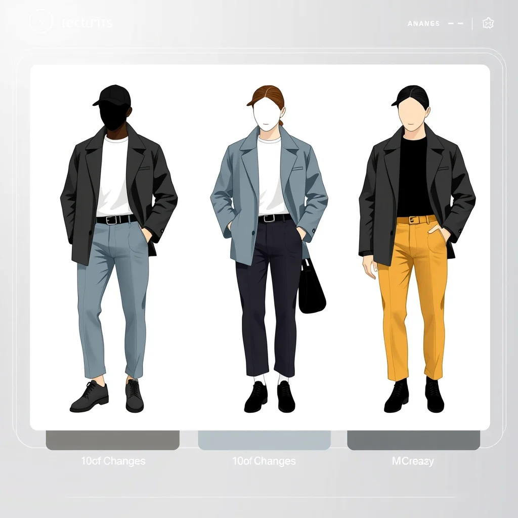 Ia de tirar roupa: a comparison grid of three abstract outfit changes on a clean tech interface (ilustracao)