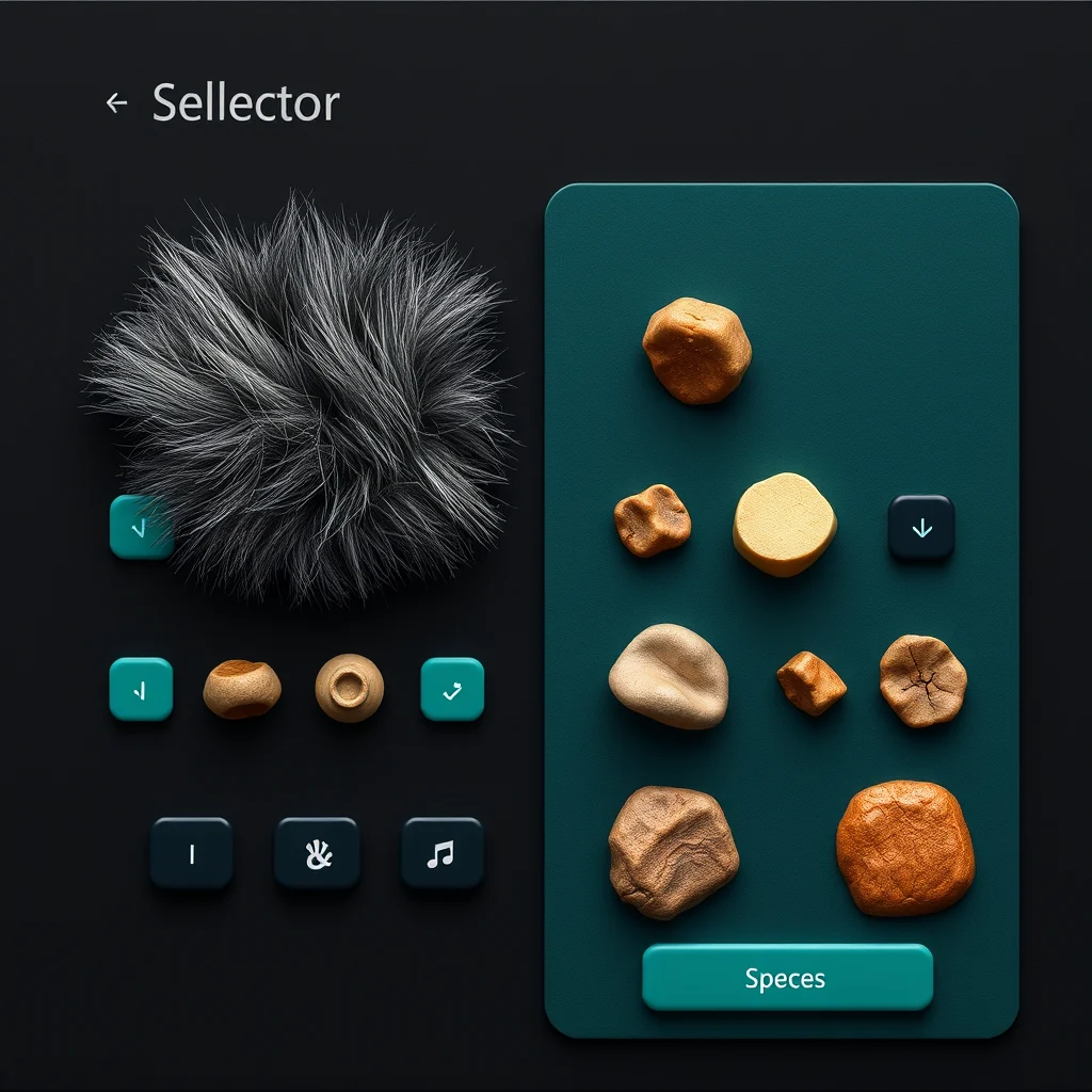 Ia furry nsfw: a lora selector panel with fur and species style chips on a dark interface (ilustracao)
