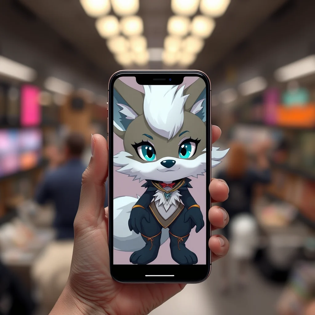 Ia furry nsfw: a phone showing a finished stylised furry character art piece (ilustracao)