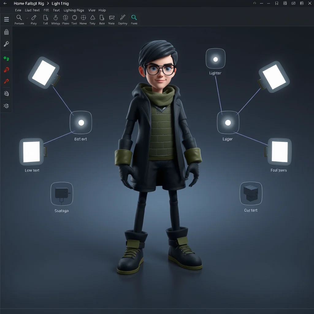 Porno 3d ia: a 3d viewport showing a stylised character with lighting rig icons around it, dark ui (ilustracao)