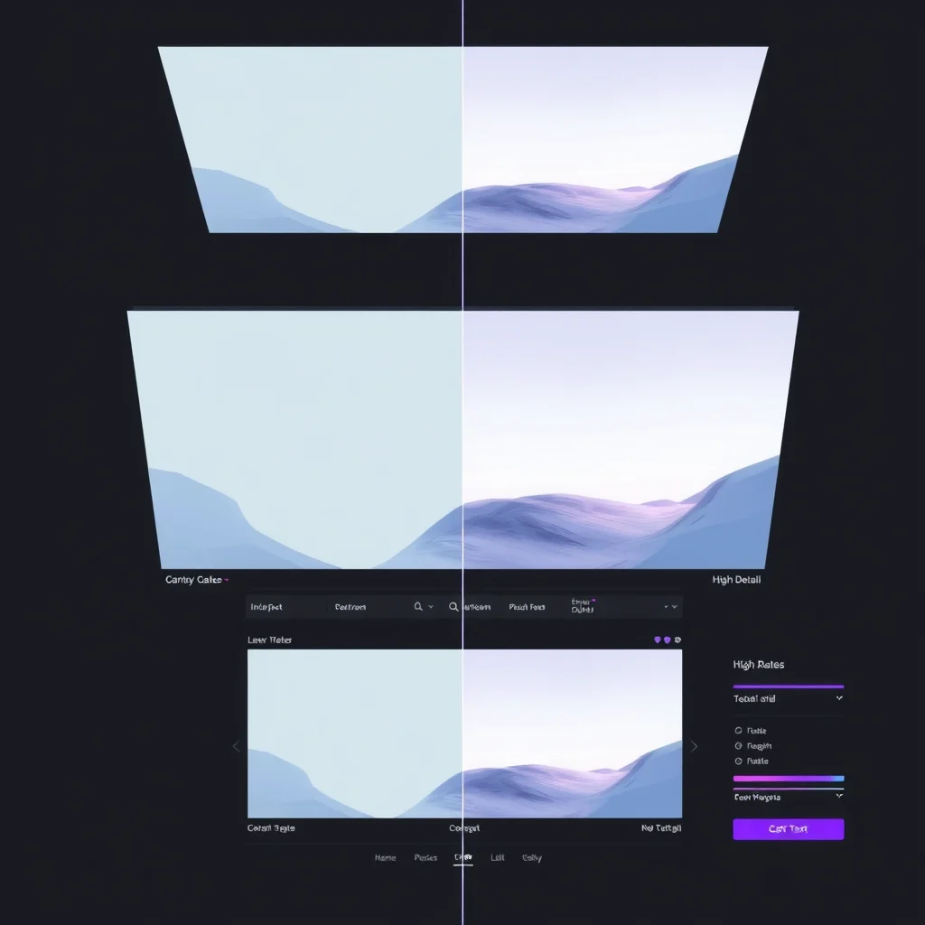 Porno 3d ia: side by side comparison of low poly versus high detail rendering on a dark interface (ilustracao)