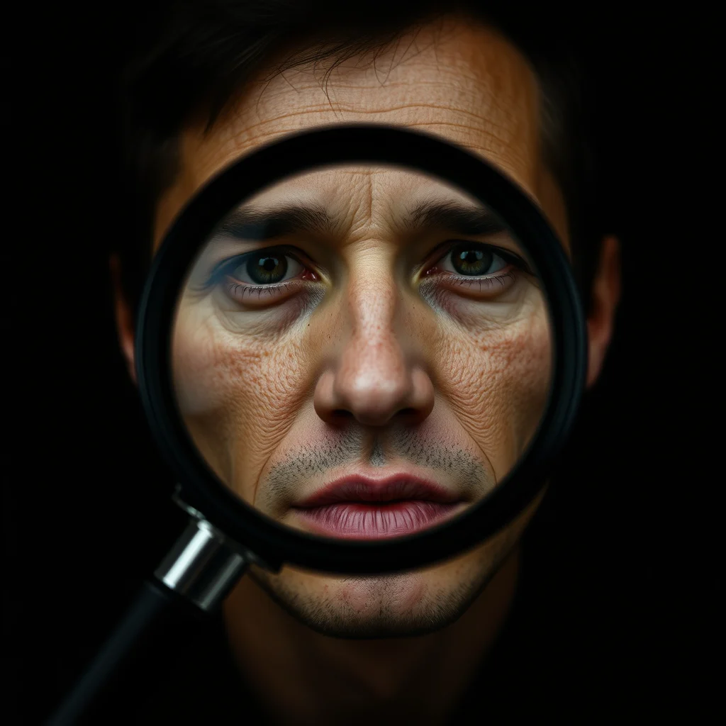 Porno ia realista: magnifying glass over a portrait thumbnail revealing fine skin detail textures, dark UI (ilustracao)