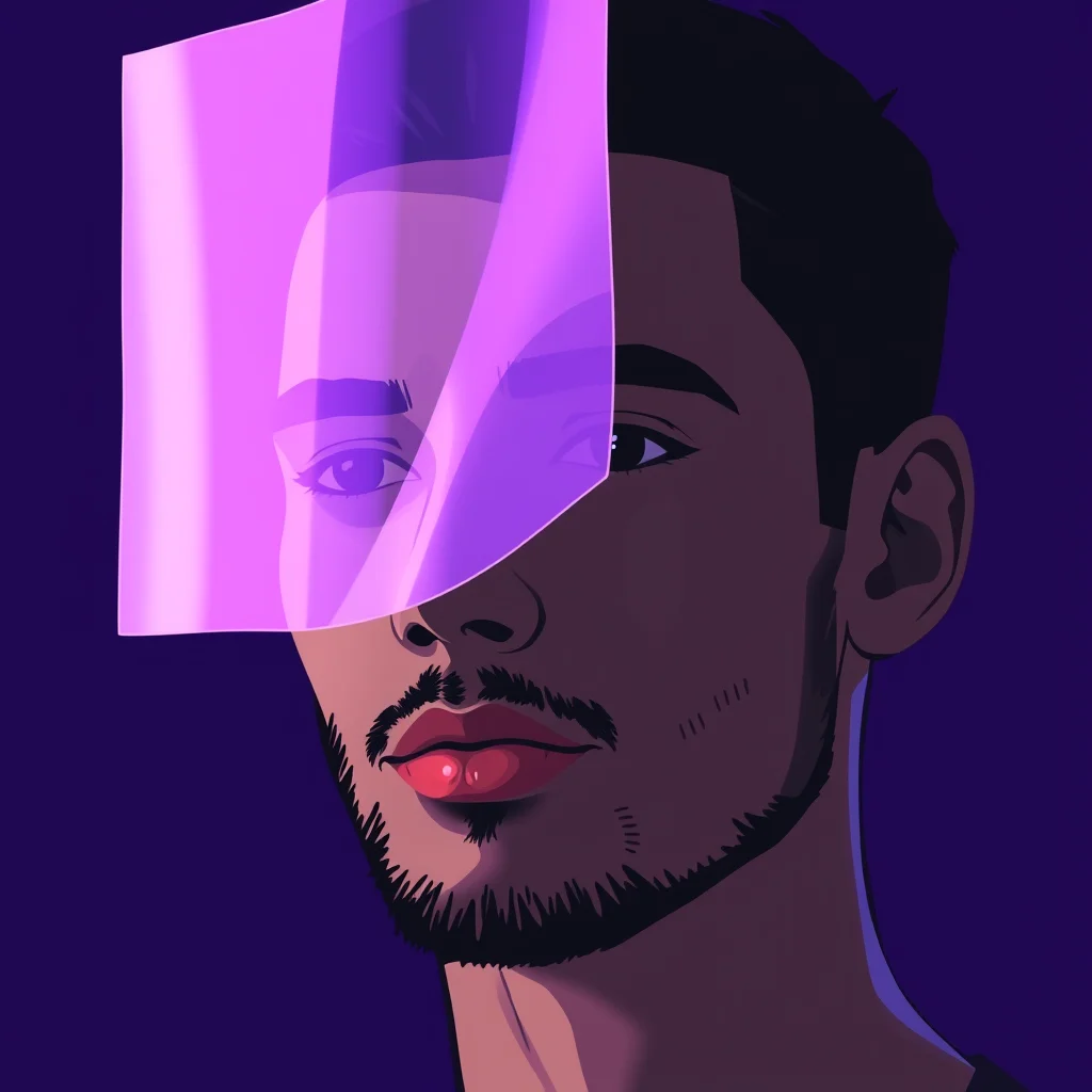 Ia sem censura: a stylized filter being lifted off a generated portrait, soft purple glow, dark UI (ilustracao)