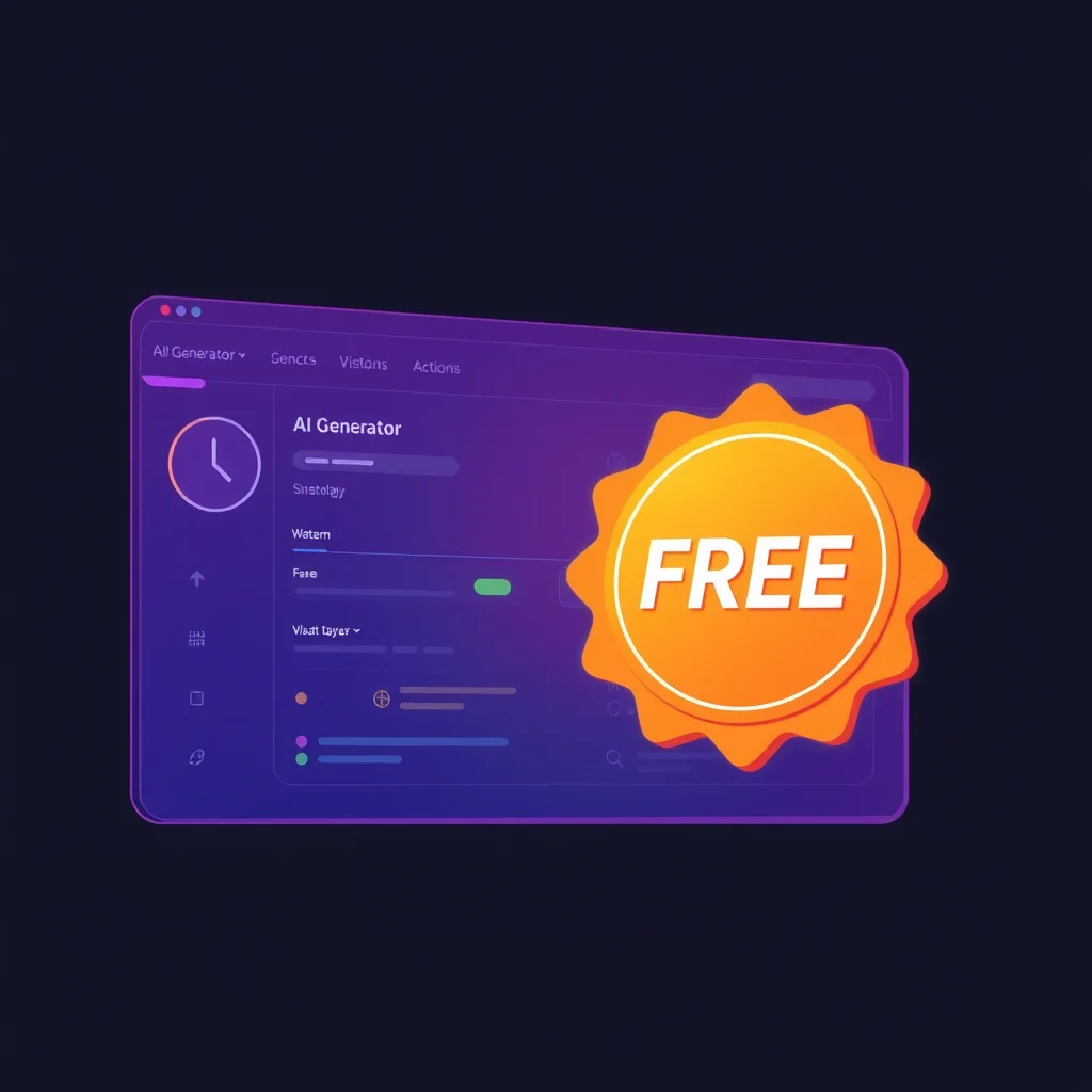 Ia sem censura: a free badge floating beside an AI generator interface on a dark screen (ilustracao)