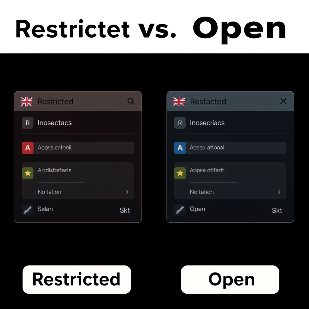 Ia sem restricoes: comparison of two model cards labelled restricted versus open on a dark ui (ilustracao)