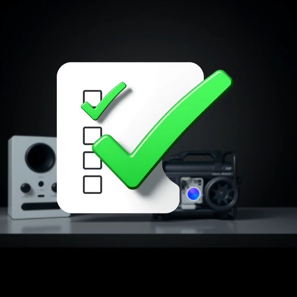 Ia sem restricoes: checklist icon with green ticks over an abstract generator interface (ilustracao)