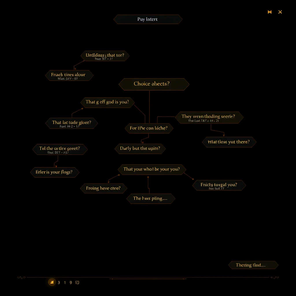 Jogo ia porno: branching dialogue tree on a dark game ui with glowing choice nodes (ilustracao)
