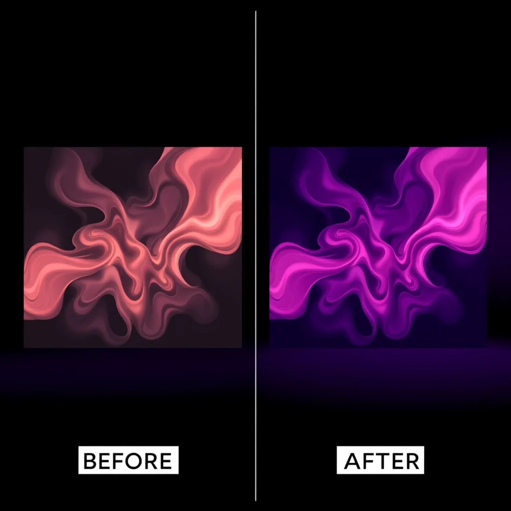 Playbox ia porno: comparison panel with two abstract generated results labelled before and after (ilustracao)