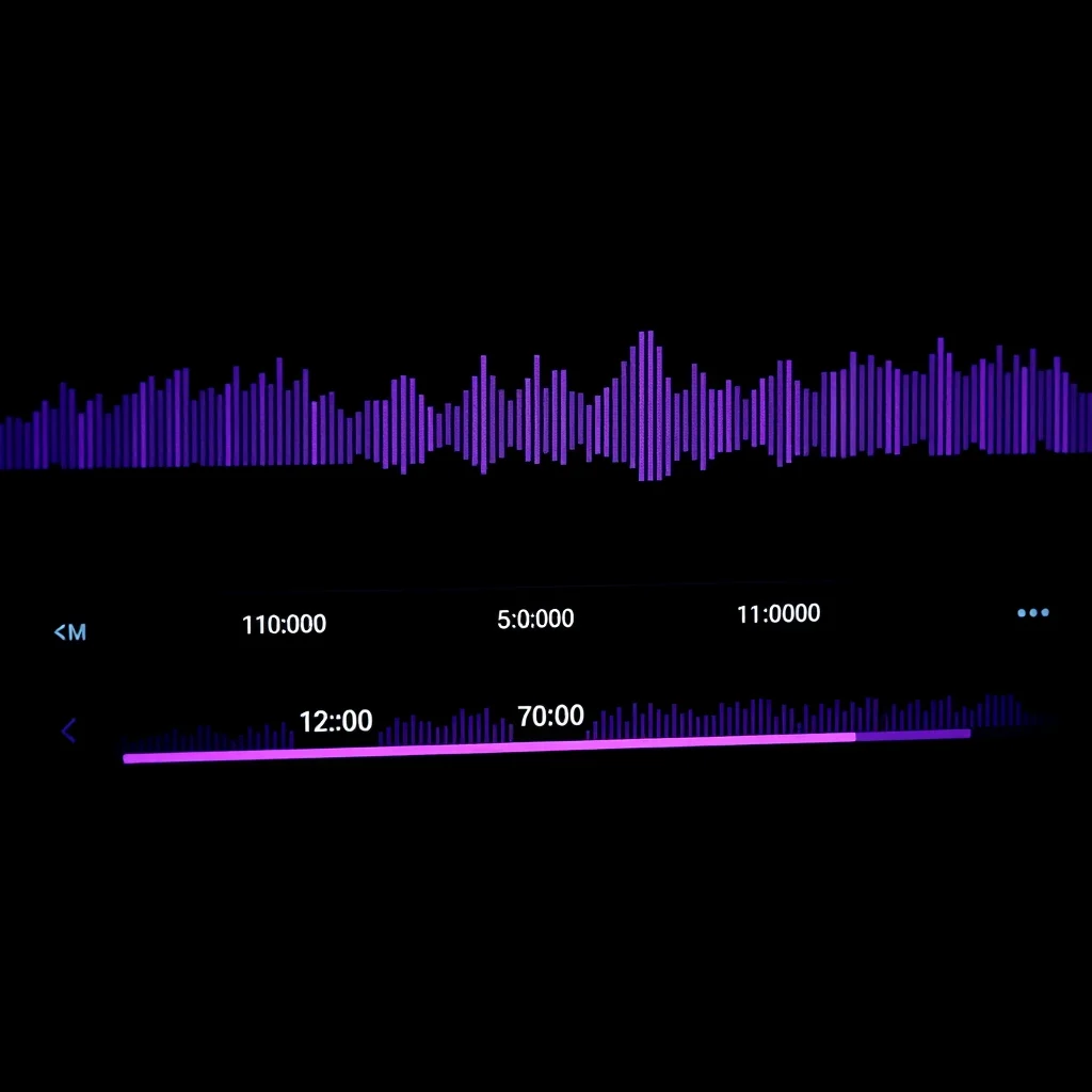 Porno legendado por ia: audio waveform with timestamps below being converted into subtitle lines on a dark... (ilustracao)
