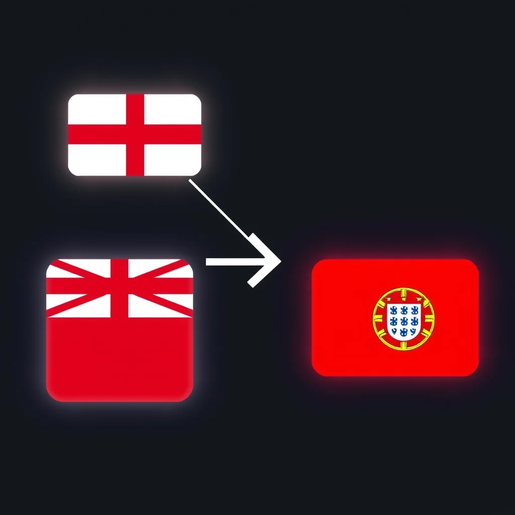 Porno legendado por ia: language flag icons of english and portuguese connected with an arrow, dark ui (ilustracao)