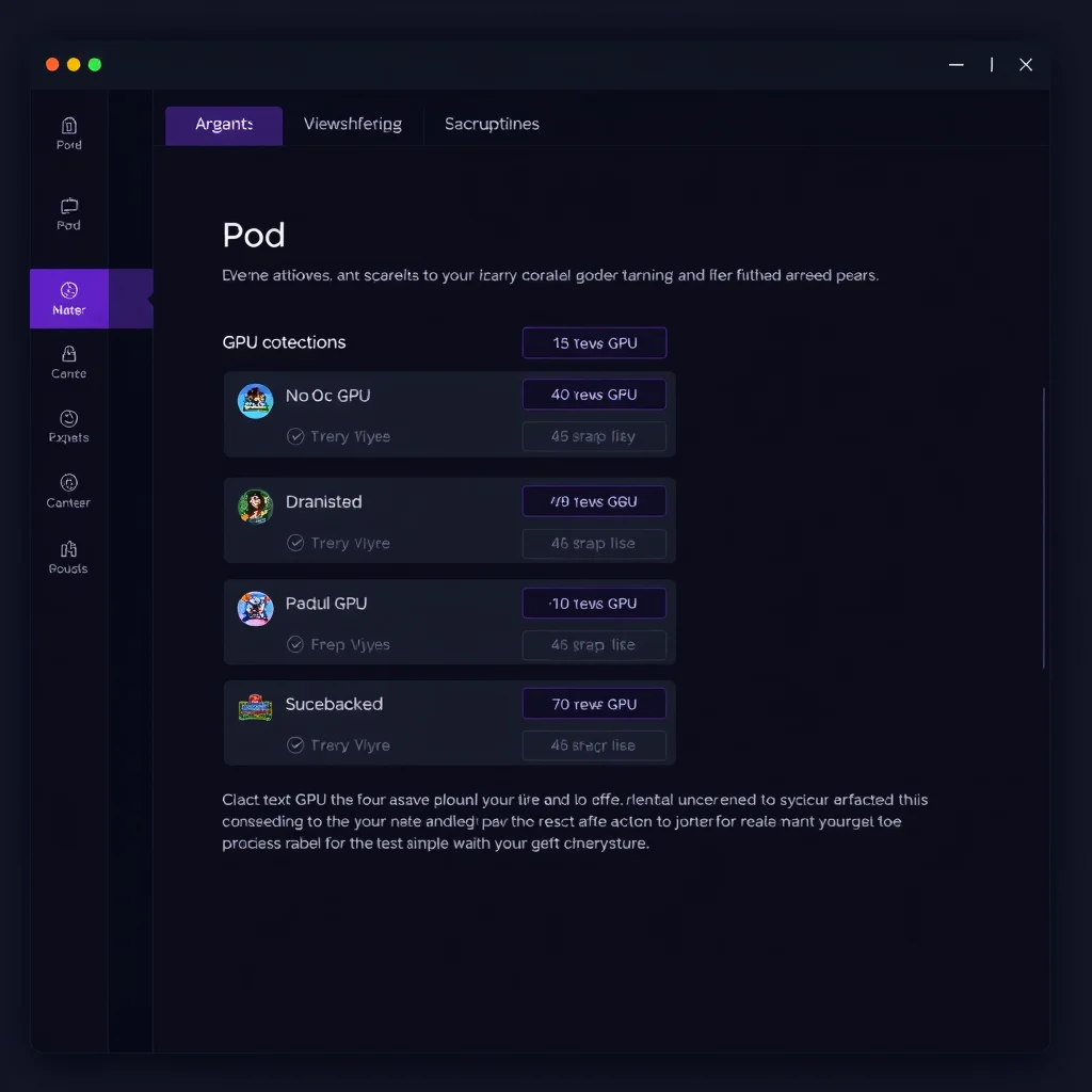 Runpod tutorial portugues: a pod creation panel showing gpu options and pricing tags, dark ui (ilustracao)