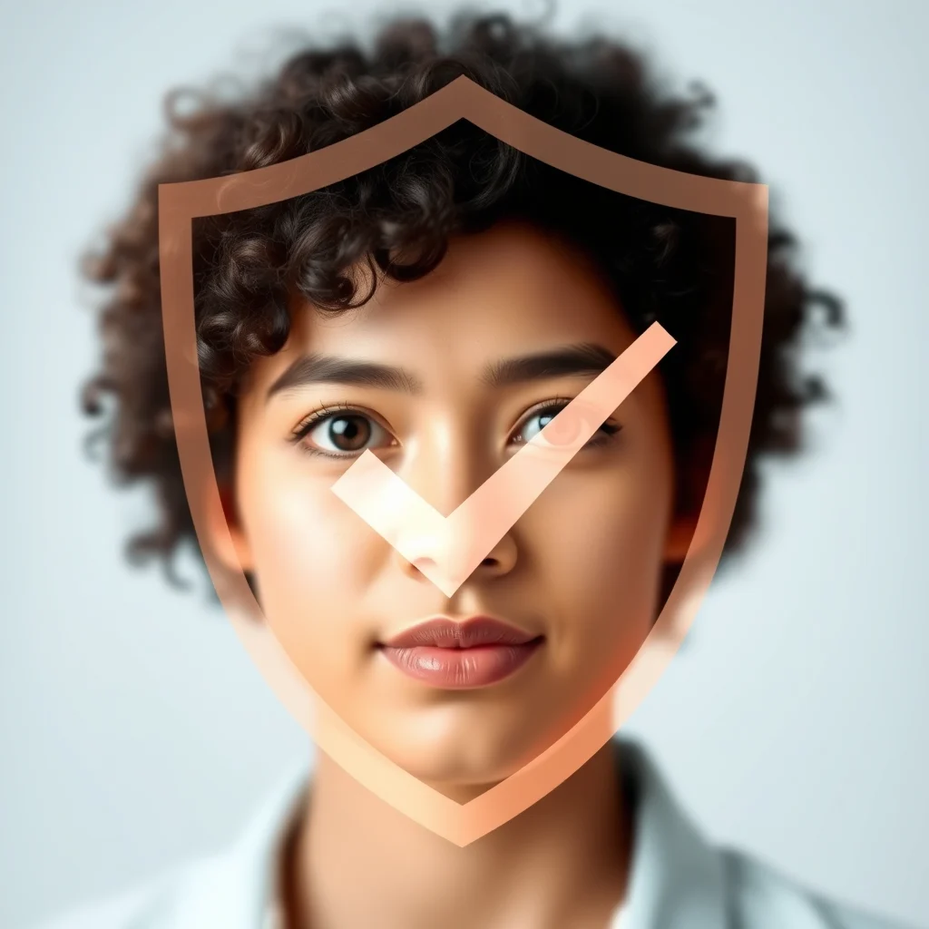 Troca de rosto ia: shield icon with a checkmark over a generated portrait indicating ethical use (ilustracao)
