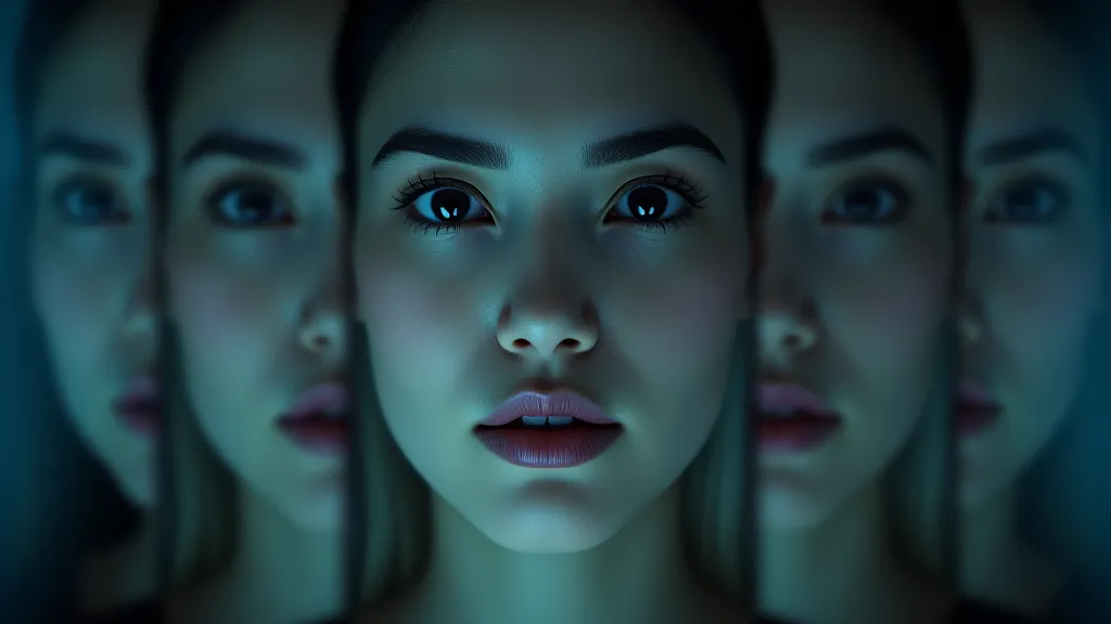 Consistent face concept shown as repeated portrait frames (stylized, non-explicit)