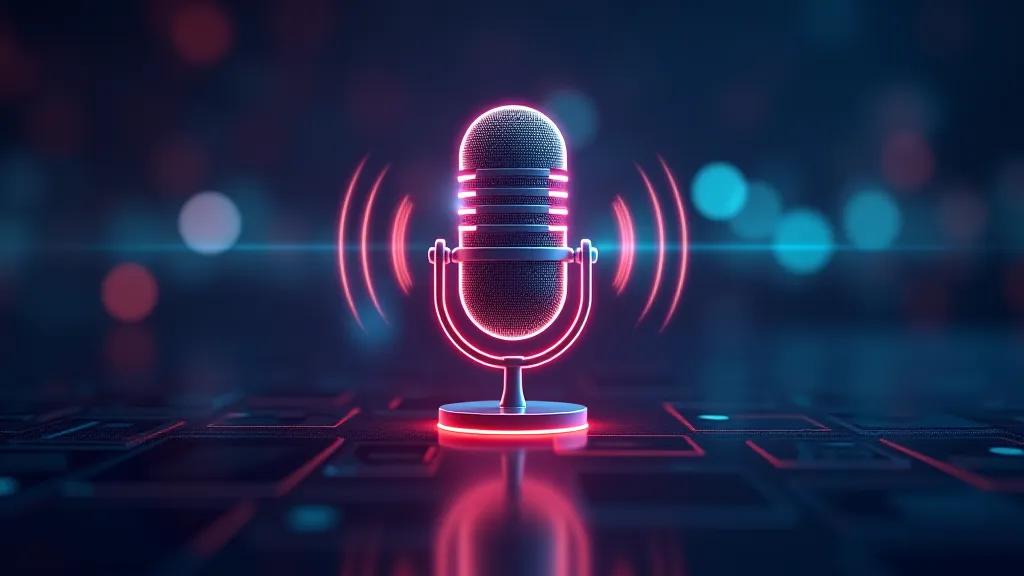 Microphone icon with sound rings over a chat UI