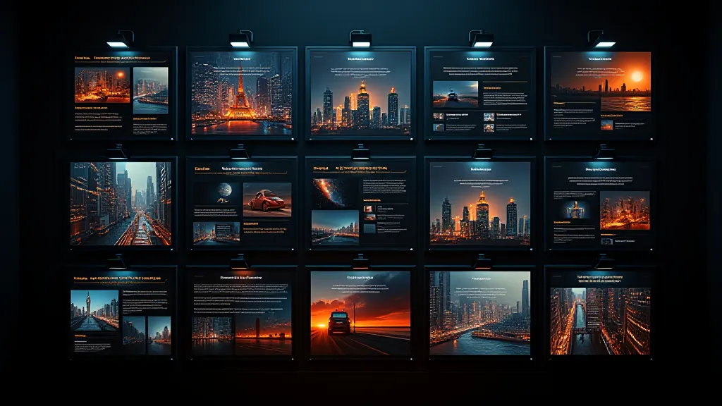 Category buckets of content themes glowing on a dark board, abstract