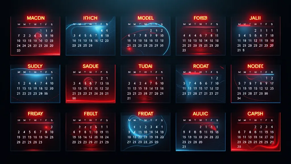 Weekly calendar grid of themed post slots, glowing concept