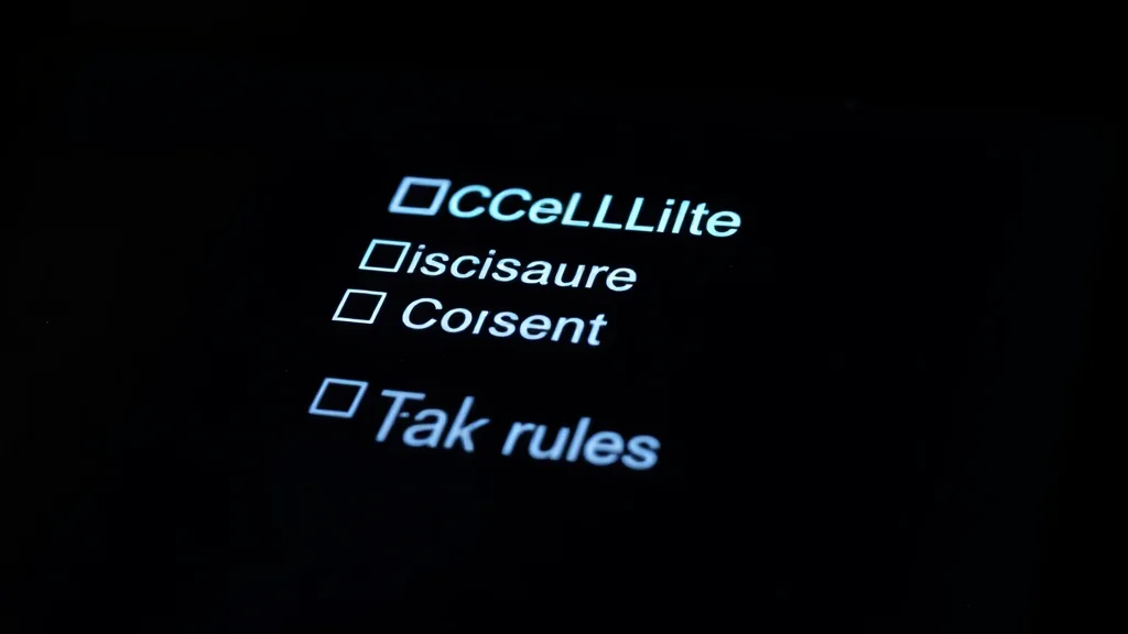 Checklist of disclosure, consent, and tax rules glowing on dark, abstract