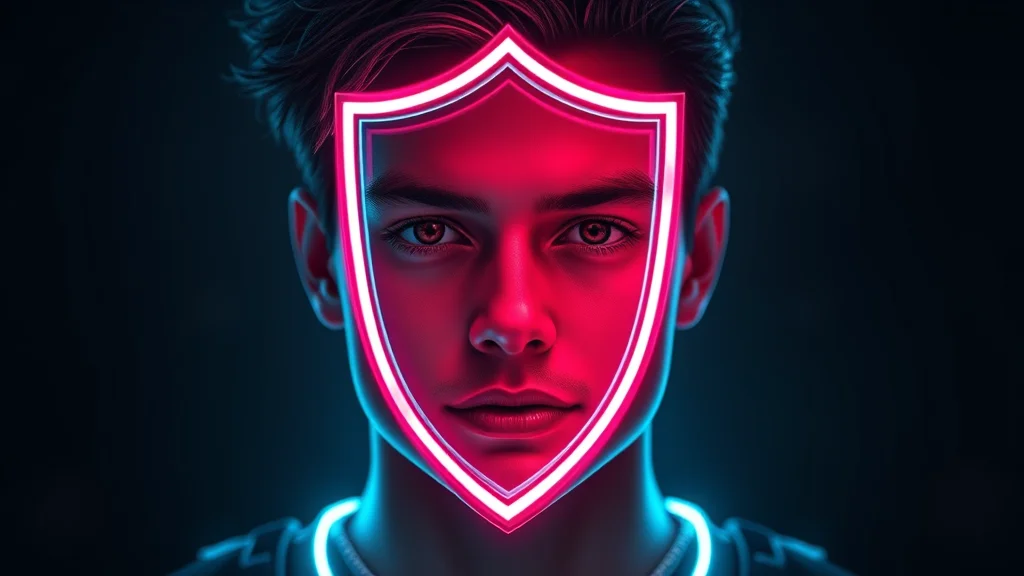 Likeness protection shield blocking a real-face icon, neon on dark