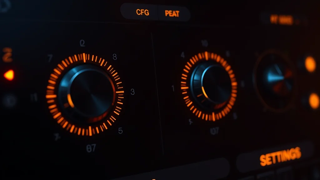 Settings dials for steps and CFG on a dark UI, glowing