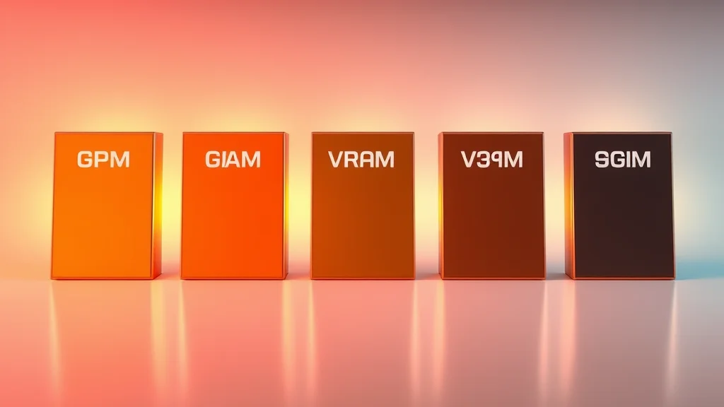 Ranked GPU tiles with VRAM and speed rating bars, abstract concept