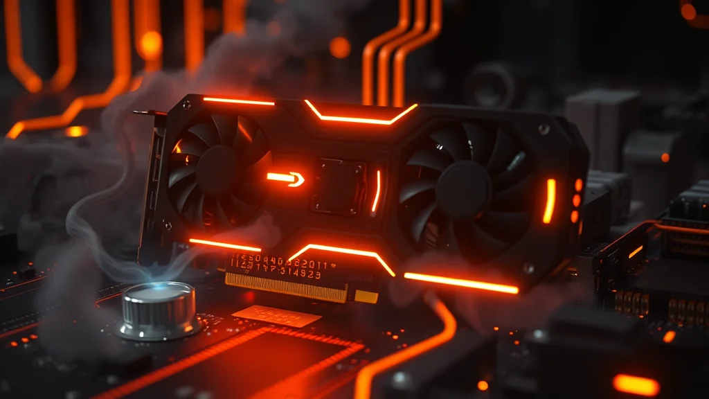 A high end graphics card glowing with compute energy on dark